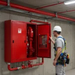Um homem, técnico com roupa especial, capacete, analisando um sistema de hidrante de um edifício. Parede cinza concreto.
