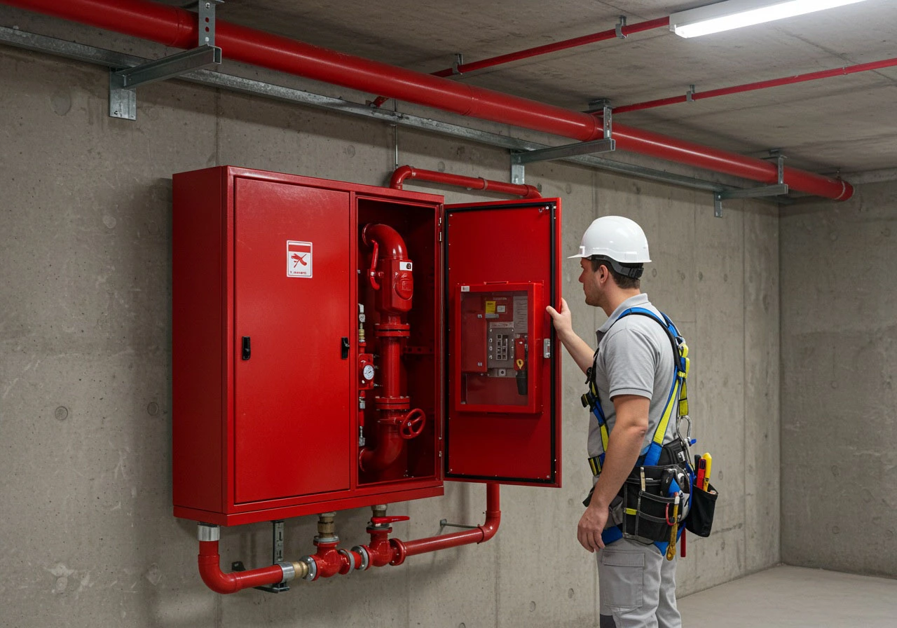 Um homem, técnico com roupa especial, capacete, analisando um sistema de hidrante de um edifício. Parede cinza concreto.